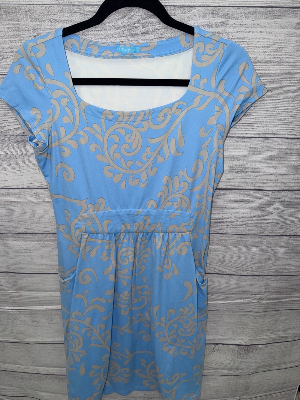 J McLaughlin Light Blue & Cream Scroll Print Midi Dress